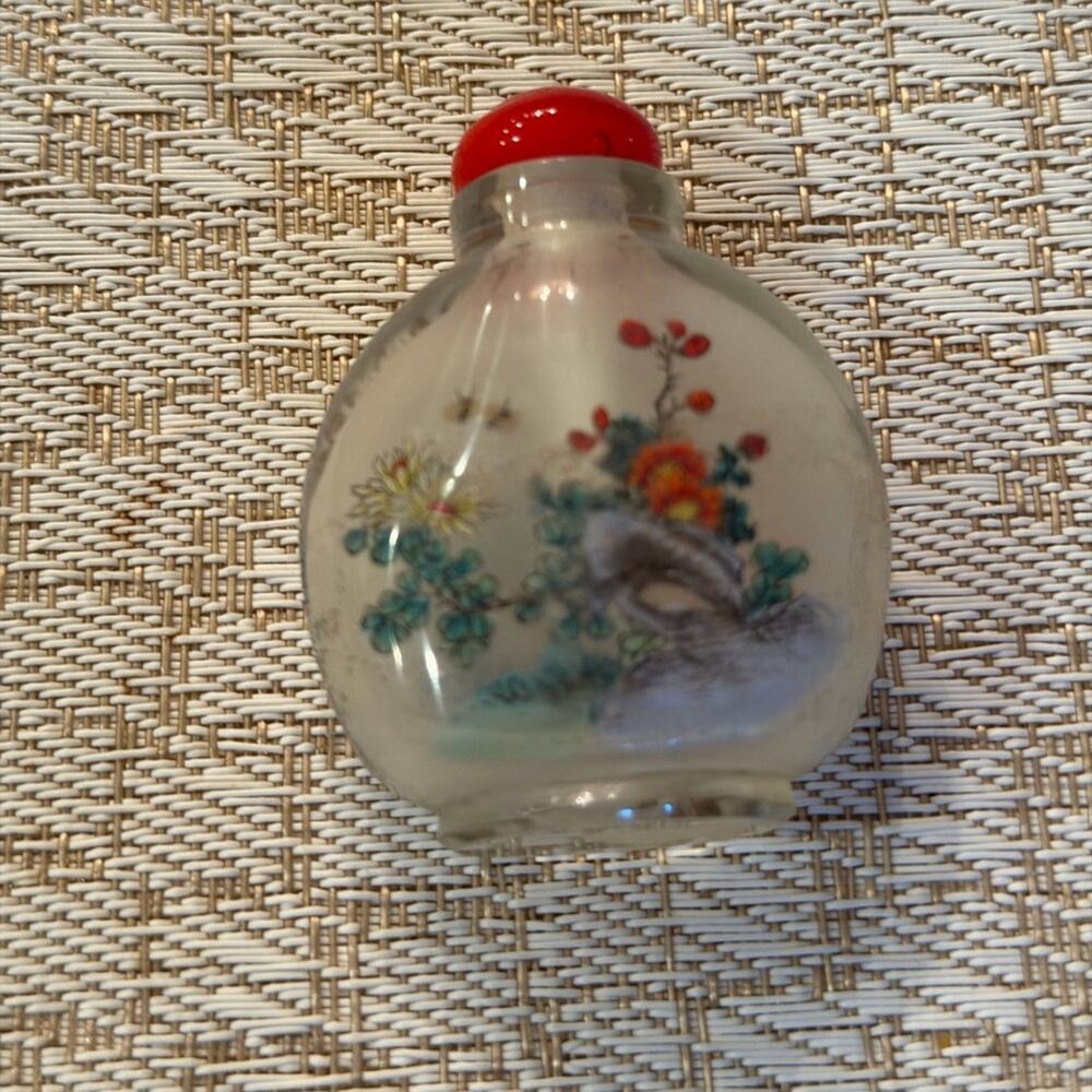 Asian Floral Reverse Painted Glass Snuff Bottle